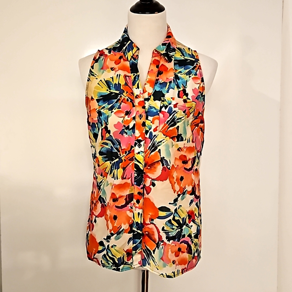 The Limited floral sleeveless top button down front MED watercolors hi-lo a bit